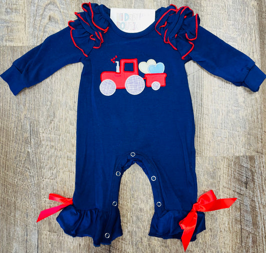 Girl Navy Tractor Valentine’s Romper