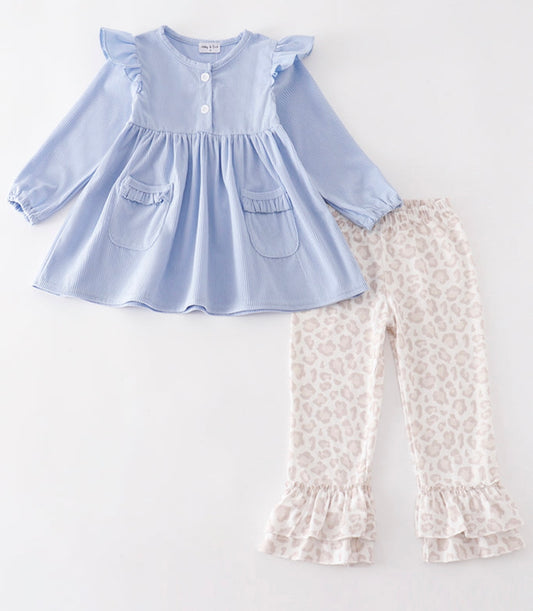 Girl Blue Couduroy Leopard Pant Set